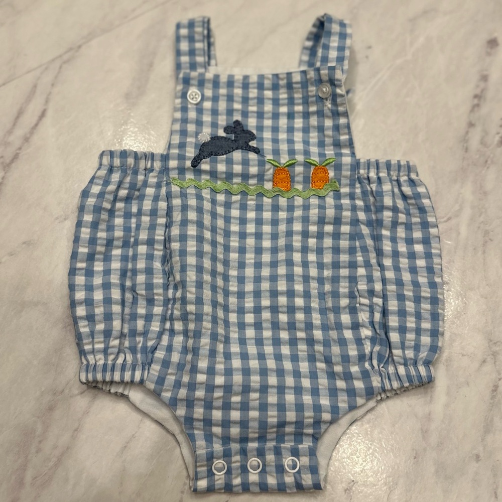 Easter Mud Pie gingham bunny carrot blue white appliqué Romper 0-3 months boys